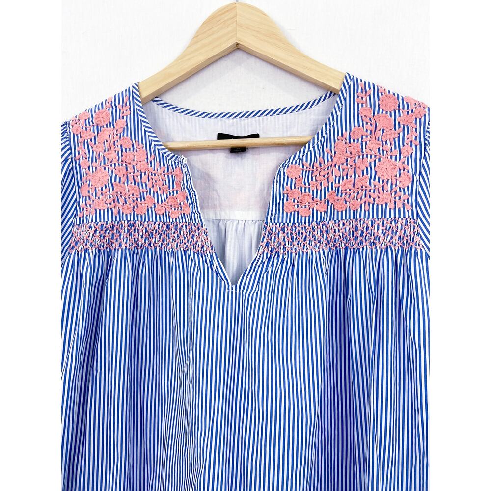 J Crew Floral Embroidered Popover Dress Ruffled Hem Blue White Stripe Medium - Picture 3 of 9